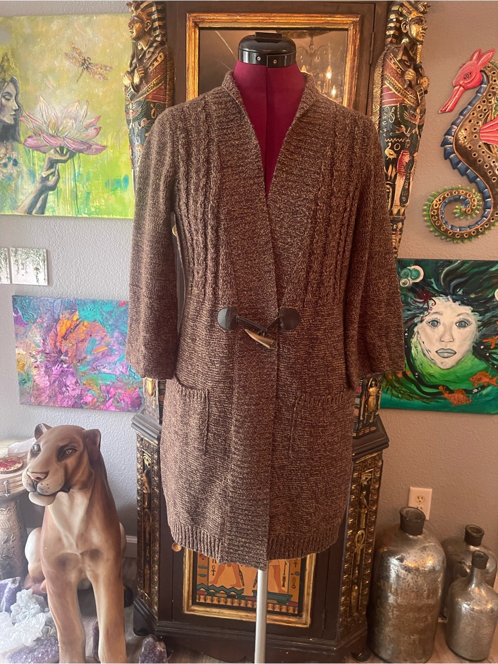 Covington Brown Open-Front Knit Cardigan with Toggle